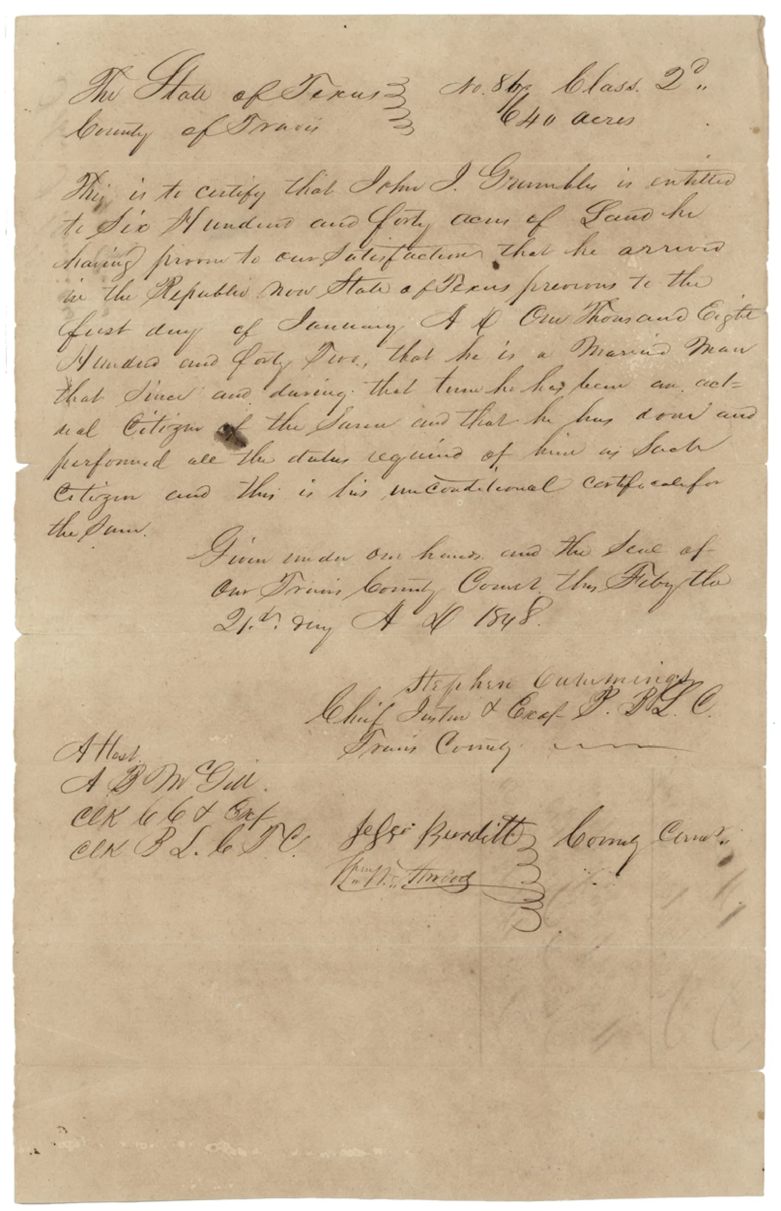 Grumbles, John J Original Cursive Land Grant & Field Notes (Leon County, Abstract A-001465)